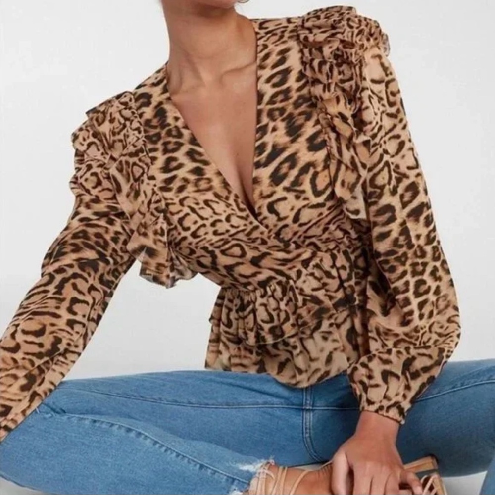Express Brown and Black Ruffled Wrap Blouse